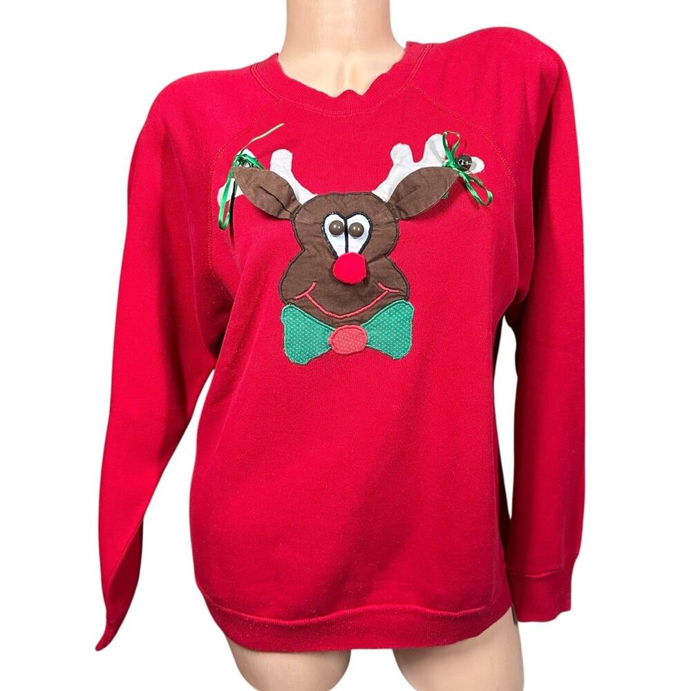 Vtg 80s Christmas Sweatshirt Red Reindeer Applique Rudolph Bells Size M Tultex